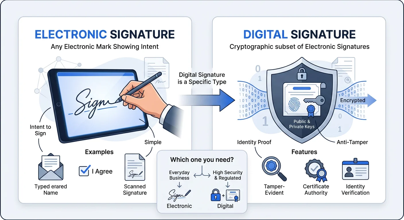Illustration comparing electronic signatures and traditional pen-on-paper signatures for business documents