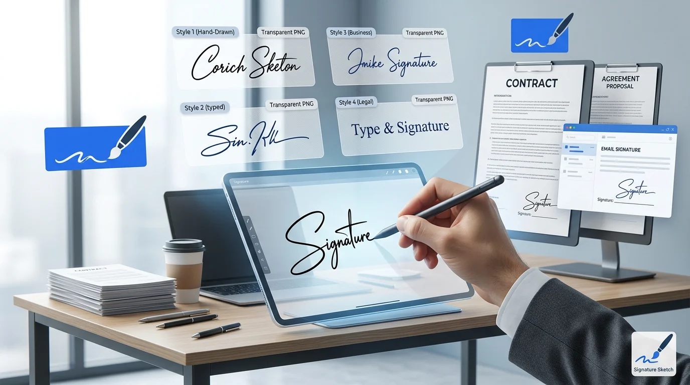 Professional signature generator showing a clean handwritten business signature on a transparent background, ready for contracts and documents